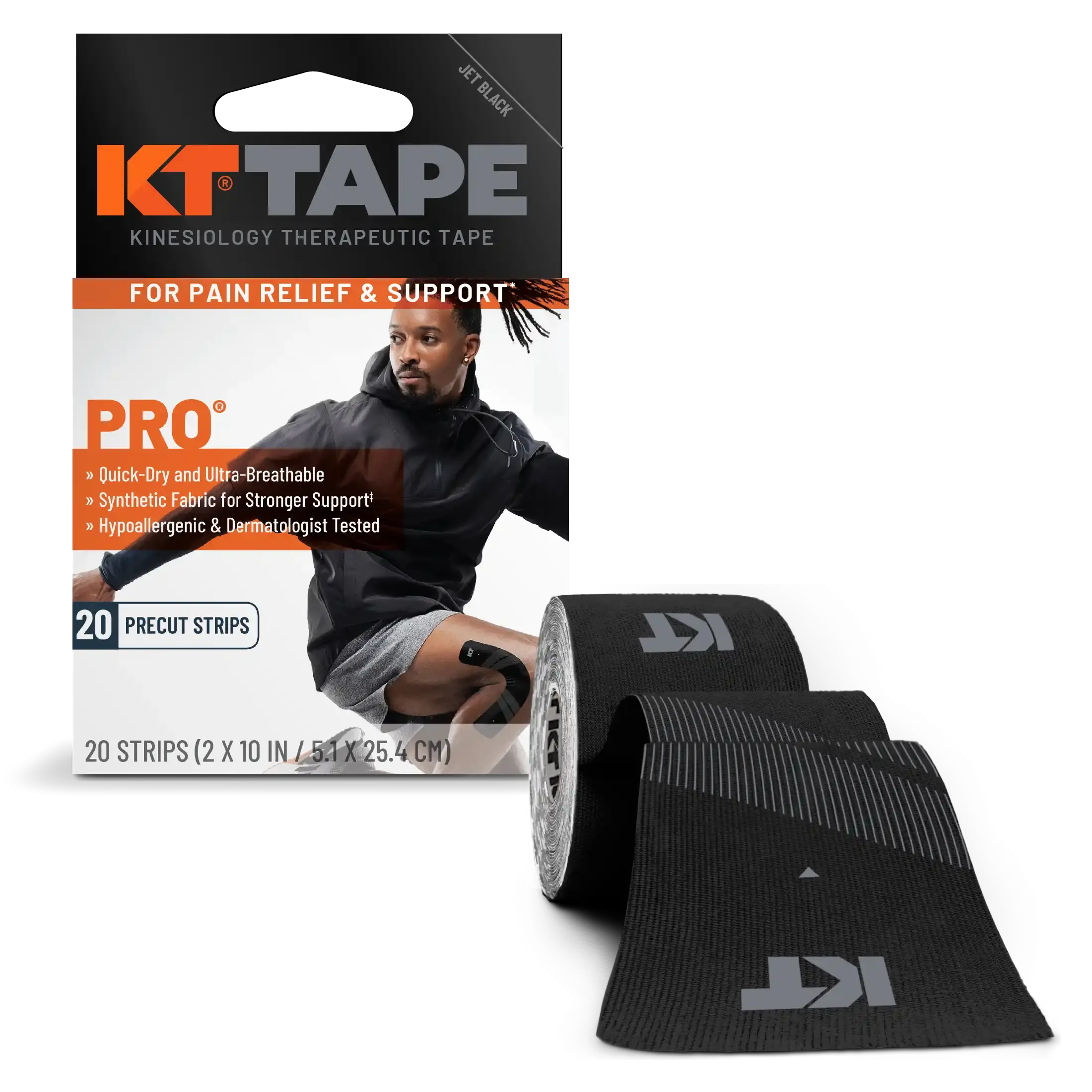KT Tape Pro water-resistant synthetic kinesiology tape in Jet Black - 20 precut strips for muscle support and pain relief#color_jet-black